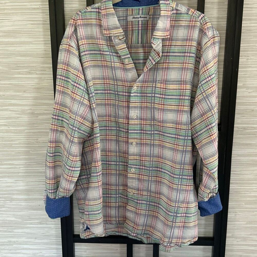 Tommy Bahama linen blend white colorful plaid button down long sleeve shirt size